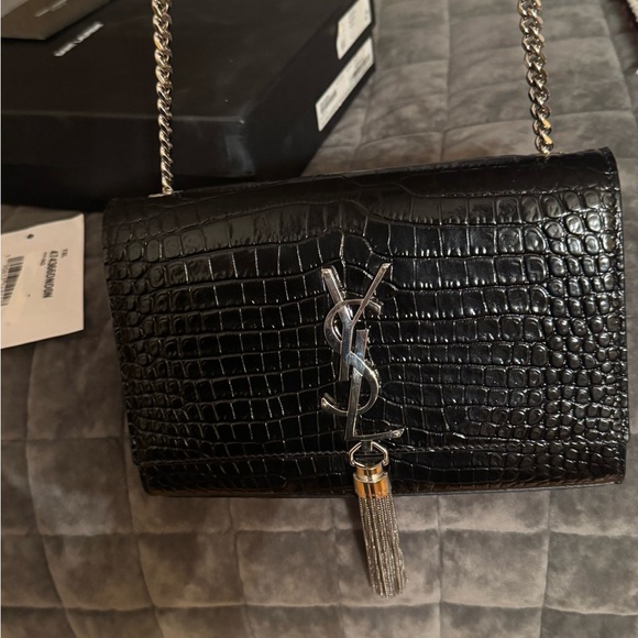 Yves Saint Laurent Black Croc-Embossed Tissel Clutch with Silver Chain - Picture 2 of 3